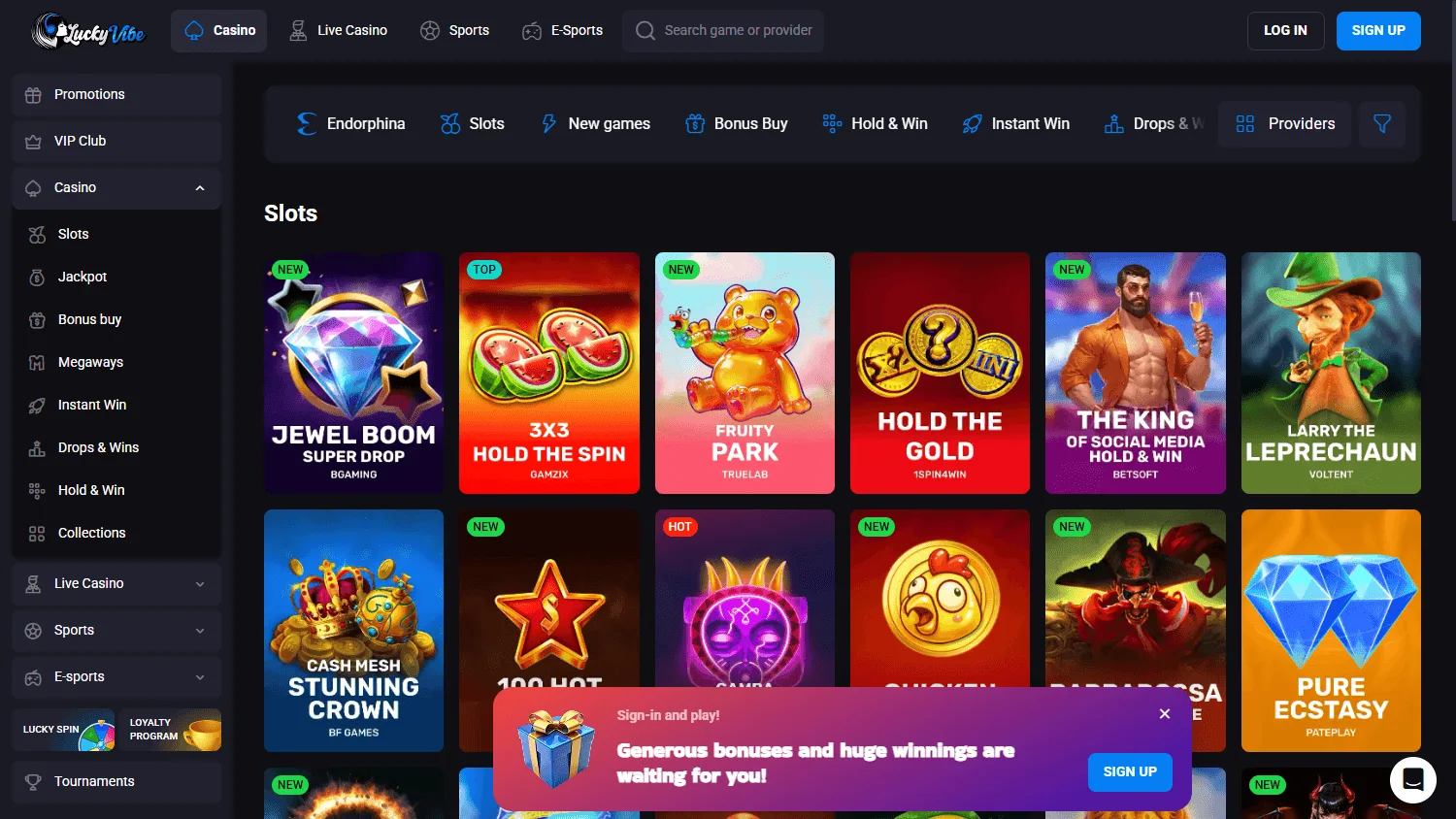 Luckyvibe Casino games interface on a desktop computer