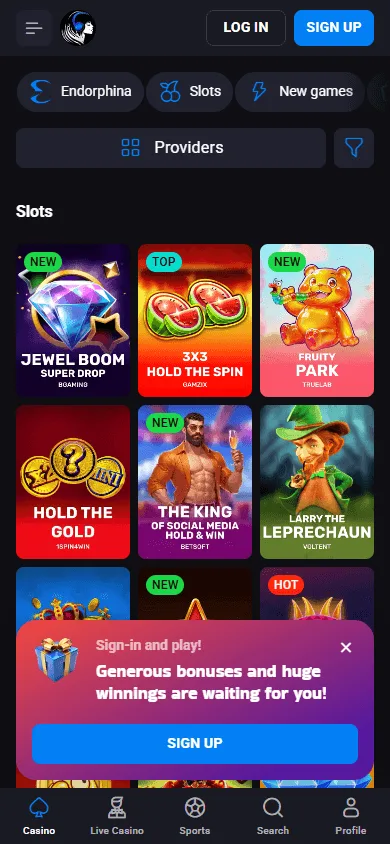 Luckyvibe Casino games interface on a mobile phone