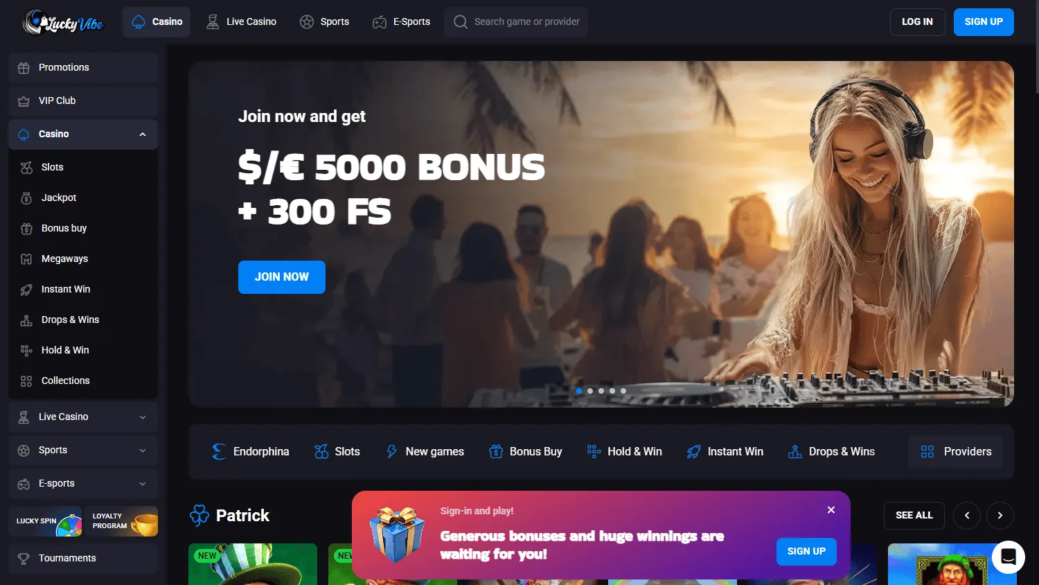 Luckyvibe Casino home interface on a desktop computer