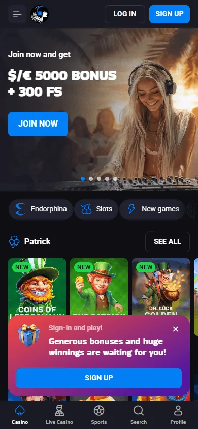 Luckyvibe Casino home interface on a mobile phone