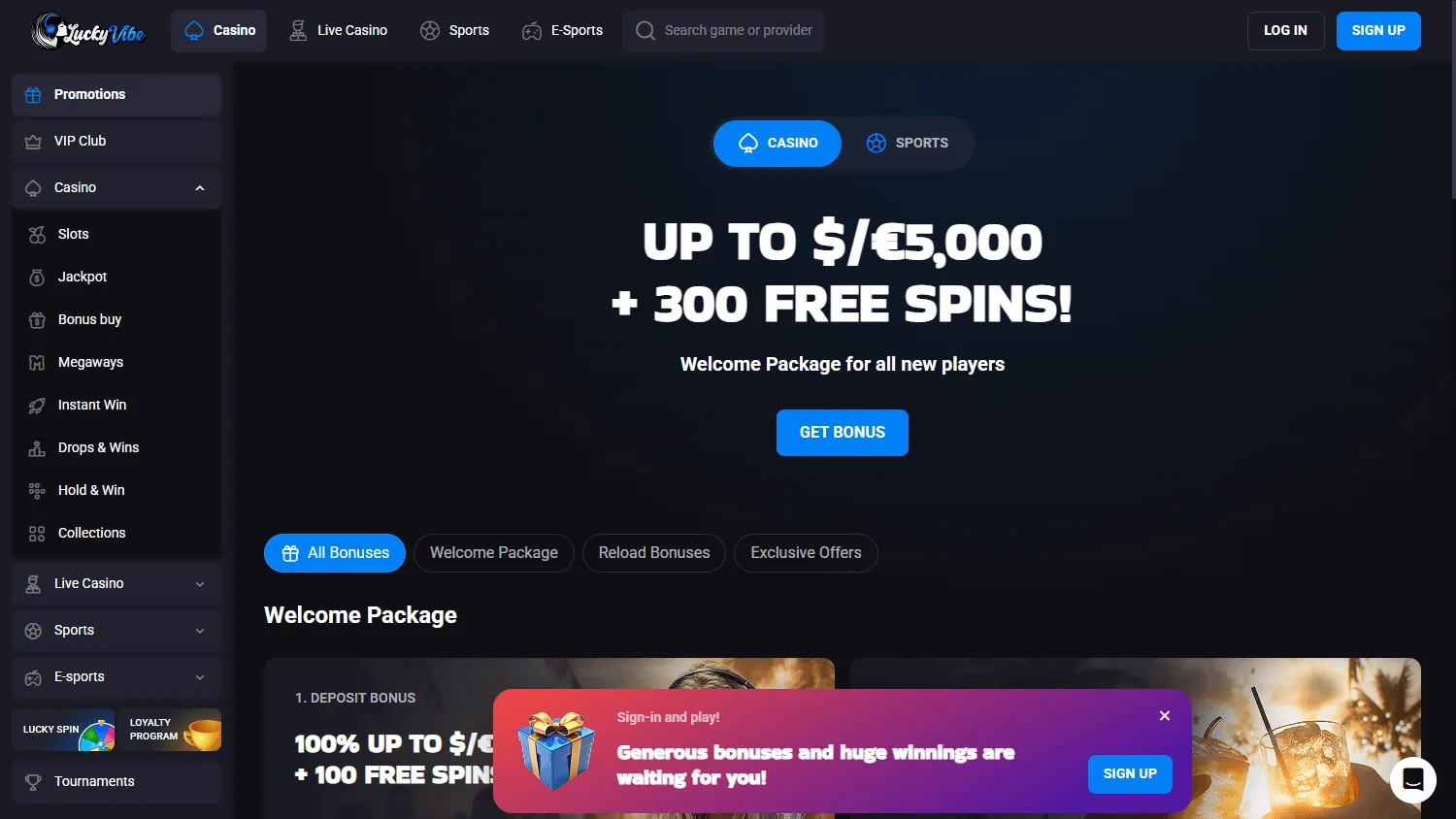 Luckyvibe Casino promotions interface on a desktop computer